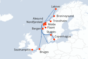 Carte itinéraire croisière  - 19 jours au départ de Southampton - Europe du Nord