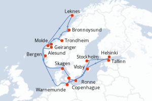 Carte itinéraire croisière  - 21 jours au départ de Copenhague - Europe du Nord