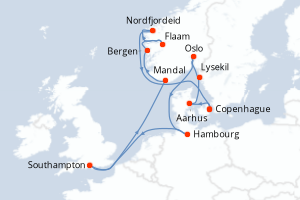 Carte itinéraire croisière  - 14 jours au départ de Copenhague - Europe du Nord