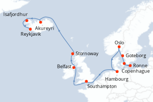 Carte itinéraire croisière  - 15 jours au départ de Copenhague - Europe du Nord