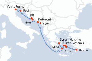 Carte itinéraire croisière  - 14 jours au départ de Le Piree - Athenes - Méditerranée