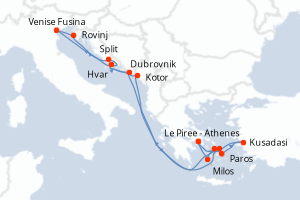 Carte itinéraire croisière  - 14 jours au départ de Le Piree - Athenes - Méditerranée