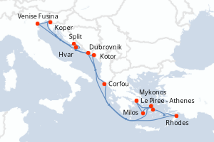 Carte itinéraire croisière  - 14 jours au départ de Le Piree - Athenes - Méditerranée