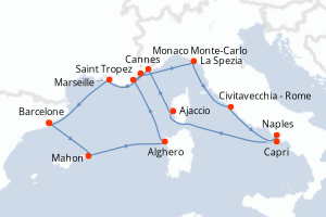 Carte itinéraire croisière - 14 jours au départ de Barcelone - Méditerranée