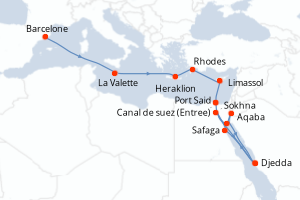 Carte itinéraire croisière - 20 jours au départ de Barcelone - Mer Rouge Océan Indien