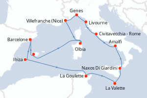 Carte itinéraire croisière  - 14 jours au départ de Barcelone - Méditerranée