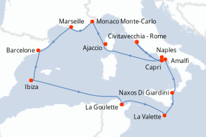 Carte itinéraire croisière - 14 jours au départ de Civitavecchia - Rome - Méditerranée