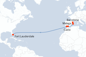 Carte itinéraire croisière - 13 jours au départ de Barcelone - Transatlantique