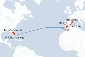 Carte itinéraire croisière - 14 jours au départ de Port Canaveral - Transatlantique
