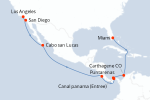 Carte itinéraire croisière - 15 jours au départ de Los Angeles - Caraïbes Bahamas