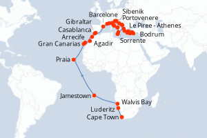 Carte itinéraire croisière - 51 jours au départ de Cape Town - Méditerranée