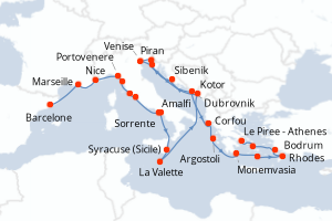 Carte itinéraire croisière - 27 jours au départ de Barcelone - Méditerranée