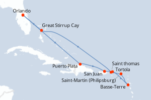 Carte itinéraire croisière - 10 jours au départ de Orlando - Caraïbes Mexique