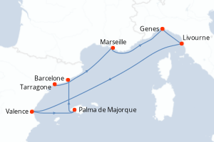 Carte itinéraire croisière - 7 jours au départ de Tarragone - Méditerranée