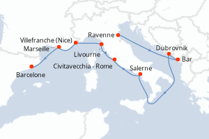 Carte itinéraire croisière - 9 jours au départ de Ravenne - Méditerranée