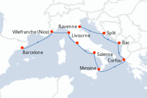 Carte itinéraire croisière - 9 jours au départ de Barcelone - Méditerranée