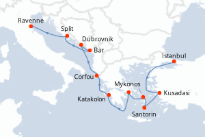 Carte itinéraire croisière - 10 jours au départ de Istanbul - Méditerranée