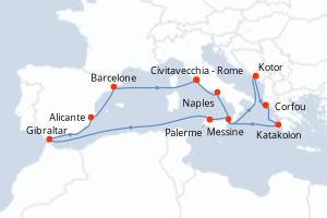 Carte itinéraire croisière - 14 jours au départ de Civitavecchia - Rome - Méditerranée