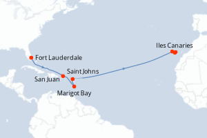 Carte itinéraire croisière - 13 jours au départ de Fort Lauderdale - Transatlantique