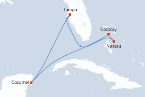 Carte itinéraire croisière - 7 jours au départ de Tampa - Caraïbes Mexique
