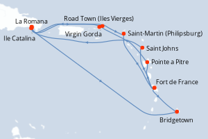 Carte itinéraire croisière  - 14 jours au départ de La Romana - Caraïbes Bahamas