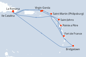 Carte itinéraire croisière - 14 jours au départ de La Romana - Caraïbes Bahamas