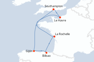 Carte itinéraire croisière - 7 jours au départ de Southampton - Europe du Nord