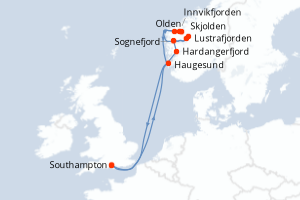 Carte itinéraire croisière - 7 jours au départ de Southampton - Europe du Nord