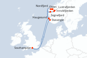 Carte itinéraire croisière - 7 jours au départ de Southampton - Europe du Nord