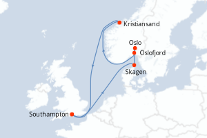 Carte itinéraire croisière - 7 jours au départ de Southampton - Europe du Nord