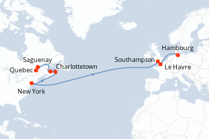 Carte itinéraire croisière - 17 jours au départ de Quebec - Europe du Nord