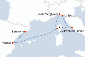 Carte itinéraire croisière - 7 jours au départ de Barcelone - Méditerranée