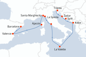Carte itinéraire croisière - 14 jours au départ de Barcelone - Méditerranée