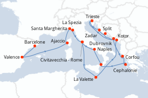 Carte itinéraire croisière - 21 jours au départ de Barcelone - Méditerranée