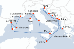 Carte itinéraire croisière - 21 jours au départ de Civitavecchia - Rome - Méditerranée