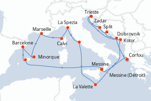 Carte itinéraire croisière - 21 jours au départ de Trieste - Méditerranée