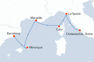 Carte itinéraire croisière - 7 jours au départ de Barcelone - Méditerranée