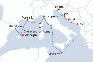 Carte itinéraire croisière - 14 jours au départ de Barcelone - Méditerranée