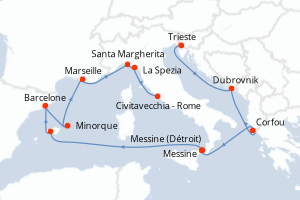 Carte itinéraire croisière - 14 jours au départ de Trieste - Méditerranée