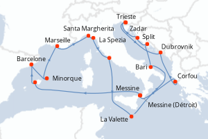 Carte itinéraire croisière - 21 jours au départ de Trieste - Méditerranée