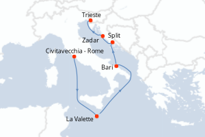 Carte itinéraire croisière - 7 jours au départ de Civitavecchia - Rome - Méditerranée