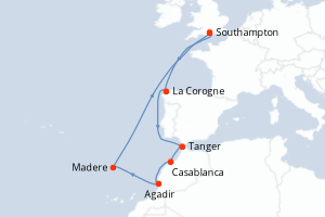 Carte itinéraire croisière - 14 jours au départ de Southampton - Europe du Nord