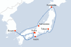 Carte itinéraire croisière - 12 jours au départ de Tokyo - Asie