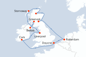 Carte itinéraire croisière - 14 jours au départ de Rotterdam - Europe du Nord