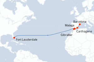 Carte itinéraire croisière - 13 jours au départ de Barcelone - Transatlantique