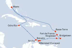 Carte itinéraire croisière  - 14 jours au départ de Miami - Caraïbes Bahamas