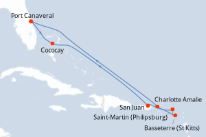 Carte itinéraire croisière  - 9 jours au départ de Port Canaveral - Caraïbes Bahamas