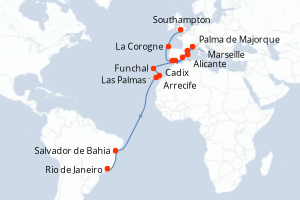 Carte itinéraire croisière  - 24 jours au départ de Southampton - Transatlantique