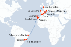 Carte itinéraire croisière  - 25 jours au départ de Southampton - Transatlantique