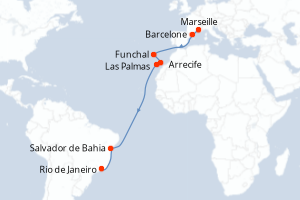 Carte itinéraire croisière  - 16 jours au départ de Marseille - Transatlantique